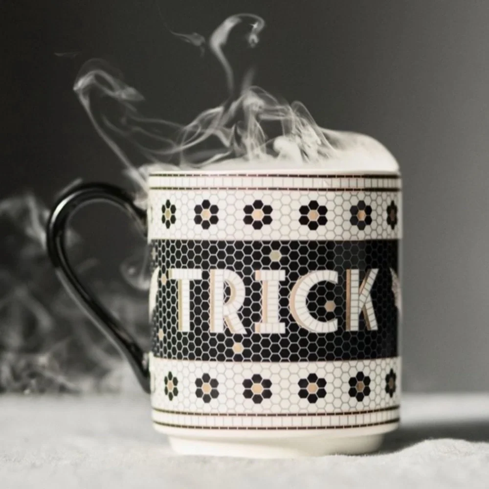 Anthropologie The Bistro Tile Stoneware Mug: Halloween BAT Trick or Treat